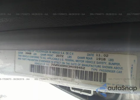 2003 Volkswagen Jetta Gl из США, поврежденный, VIN 3VWRK69MX3M099452